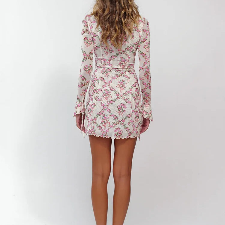 Deep V Neck Lace-up Print Sexy Mini Dress For Women Robe Elegant Long Sleeve High Waist Bodycon Floral Print Dress