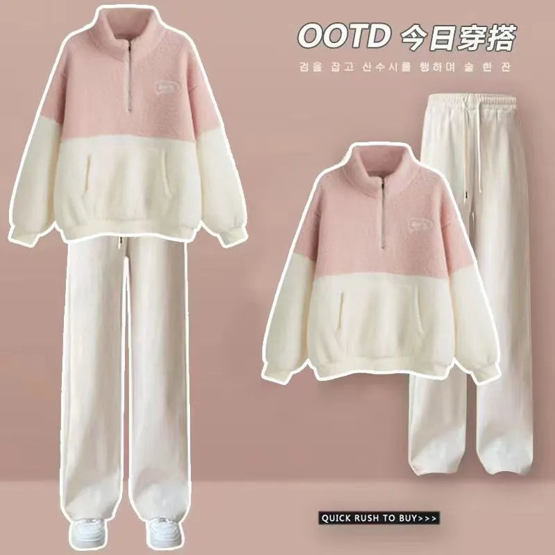 Velvet and Thickened Lamb Hair Outer Set for Women's Autumn and Winter New Korean Casual Wide Leg Pants Fashion Two Piece Set Two-piece suit 01