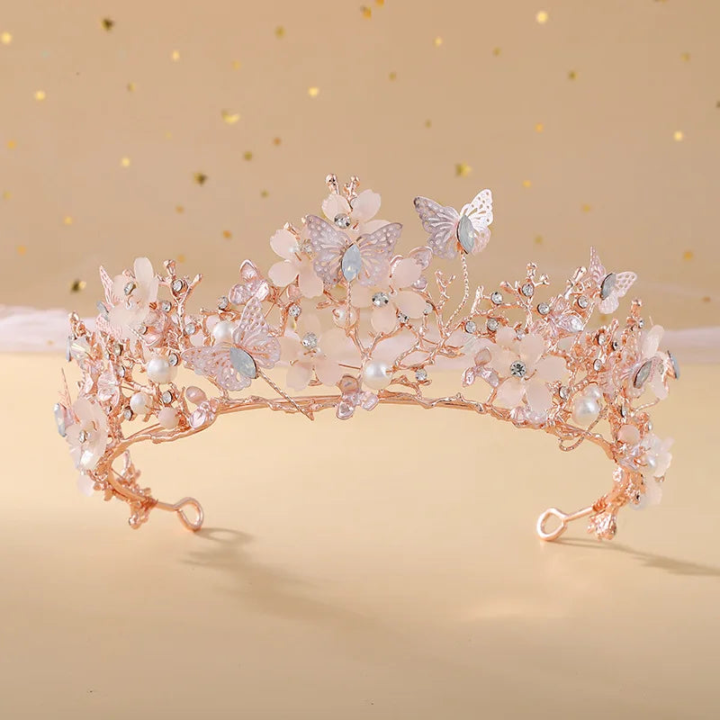 Baroque Butterfly Pearl Crystal AB Crown Tiara Rhinestone Hairband Wedding Hair Accessories Princess Bridal Headpieces H142 Rose Gold