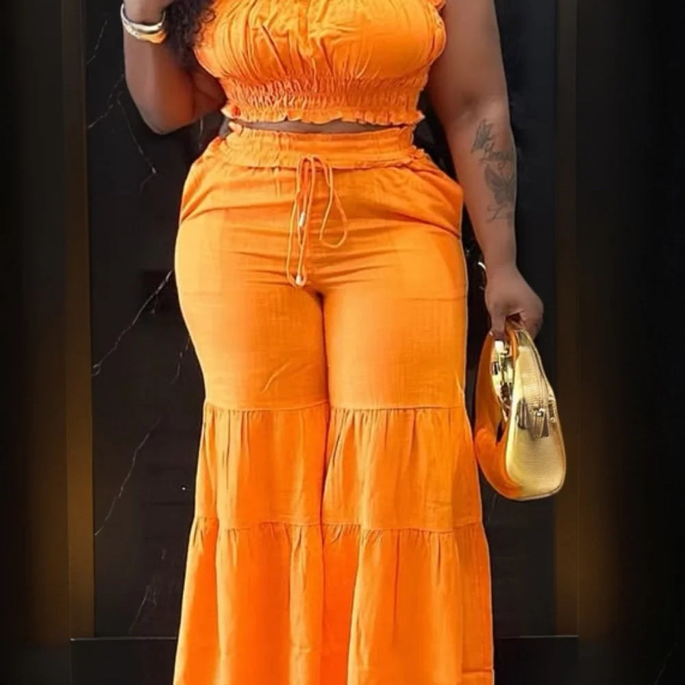 Plus Size Vacation Orange Casual Smocking Two Piece Pant Sets