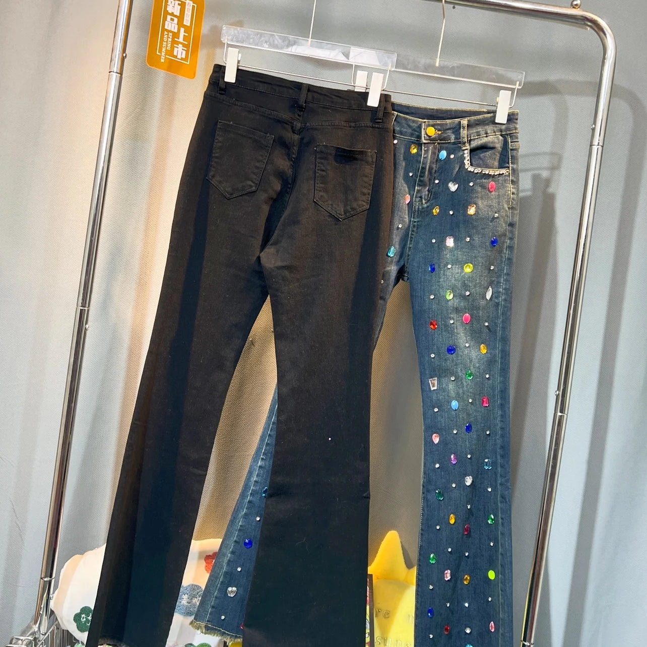 Exquisite Rhinestone Beaded Black Bell-Bottom Pants Women's Autumn Winter Jeans High Waist All-Matching Denim Blue Pants