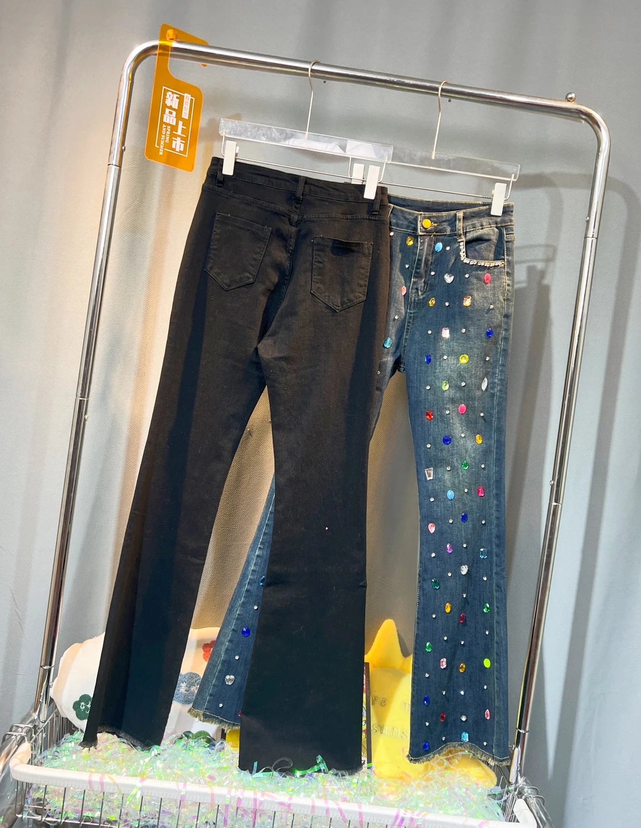 Exquisite Rhinestone Beaded Black Bell-Bottom Pants Women's Autumn Winter Jeans High Waist All-Matching Denim Blue Pants