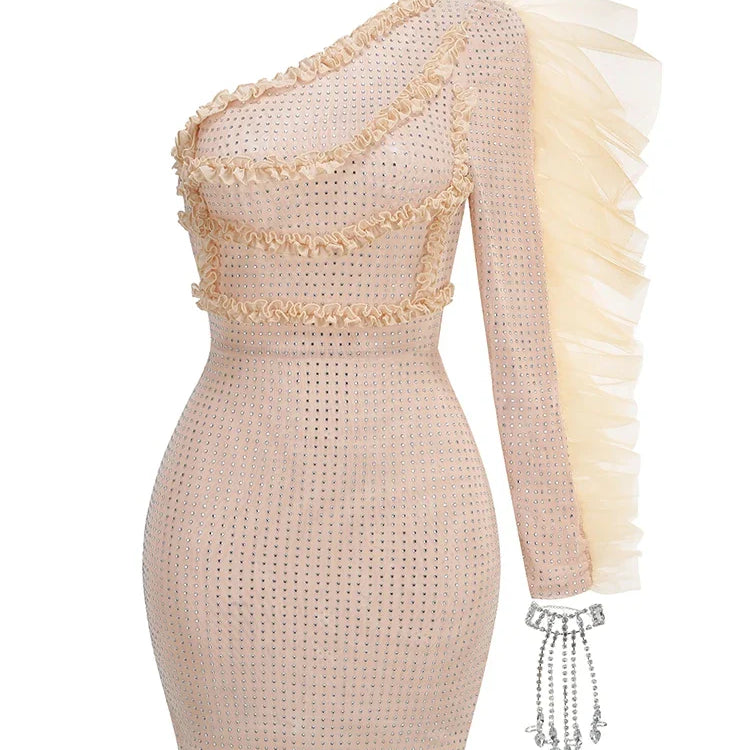 Sexy One Shoulder Ruffles Long Sleeves Diamonds Dress With Bracelet Women Slash Neck Mesh Mini Bodycon Dresses Cocktail Party APRICOT
