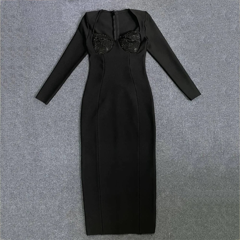 Vestido longo feminino, preto, vermelho, manga longa, sexy, gola quadrada, strass, bandagem justa, boate, festa, comemoração