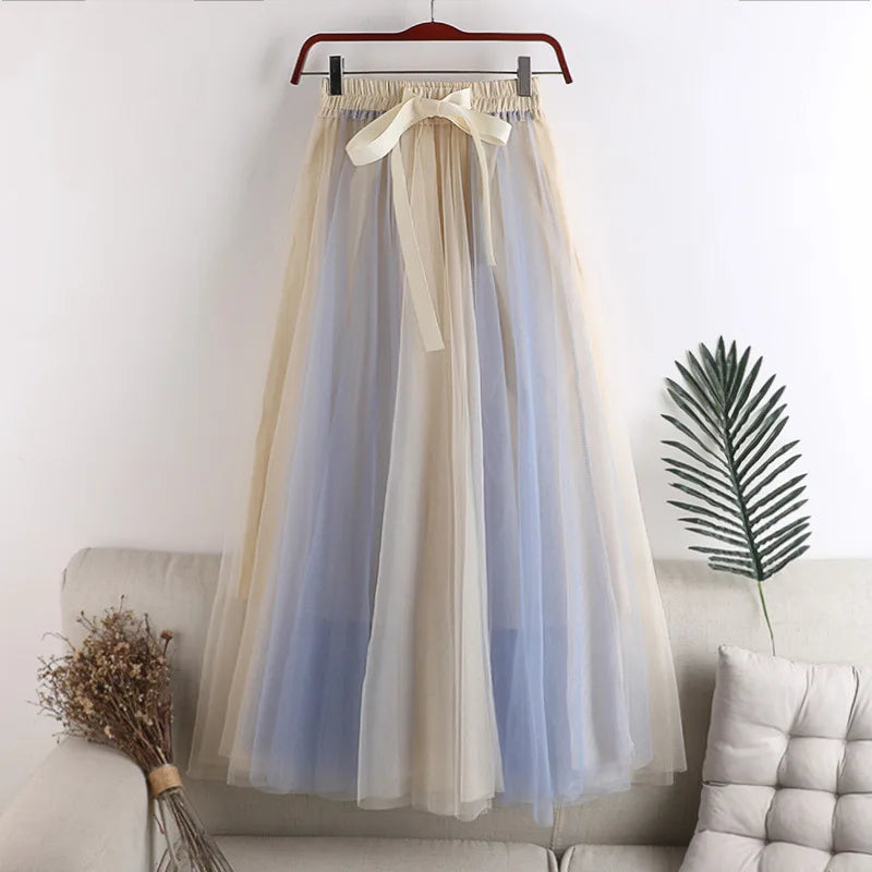 Spring Summer Gradient Color Tulle Skirts Women Fashion Bow Patchwork A-line Skirt Female Long Sweet Party Skirts APRICOT One Size