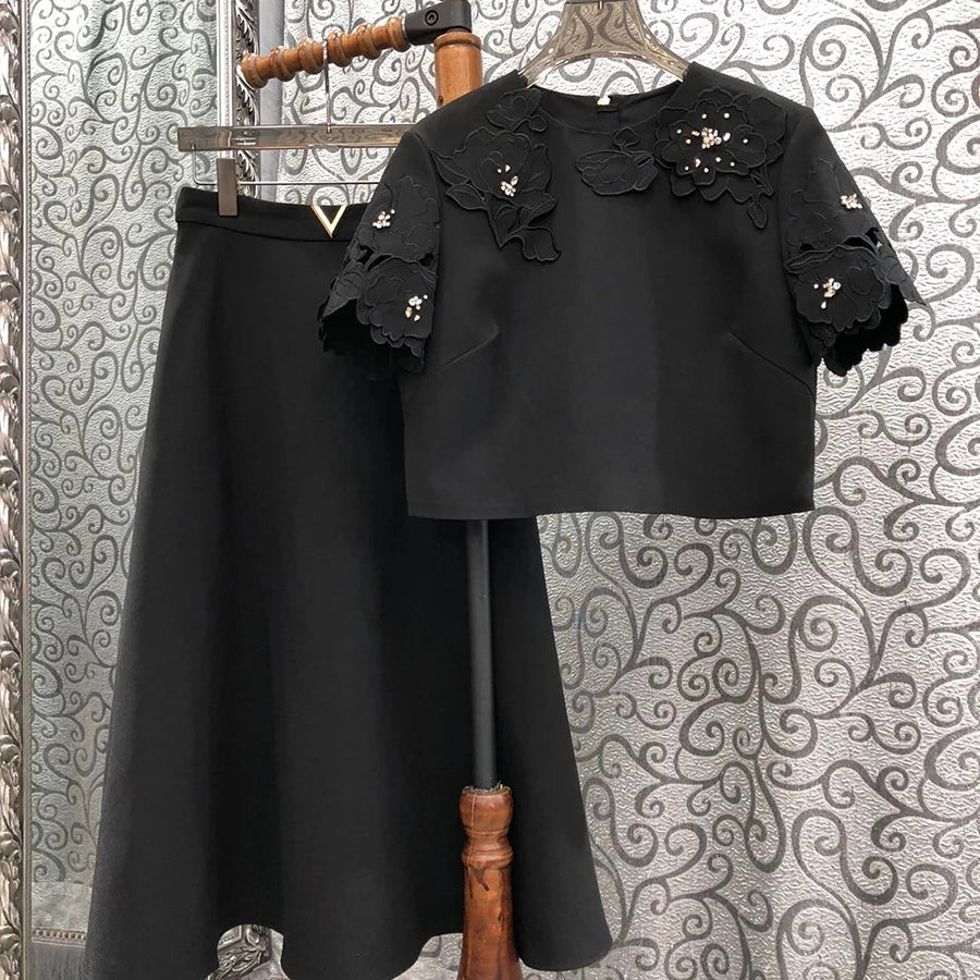 TWOTWINSTYLE Solid Fashion Two Piece Sets for Women Round Neck Short Sleeves Patcwork Applique Top High Waist Skirt Set Female
