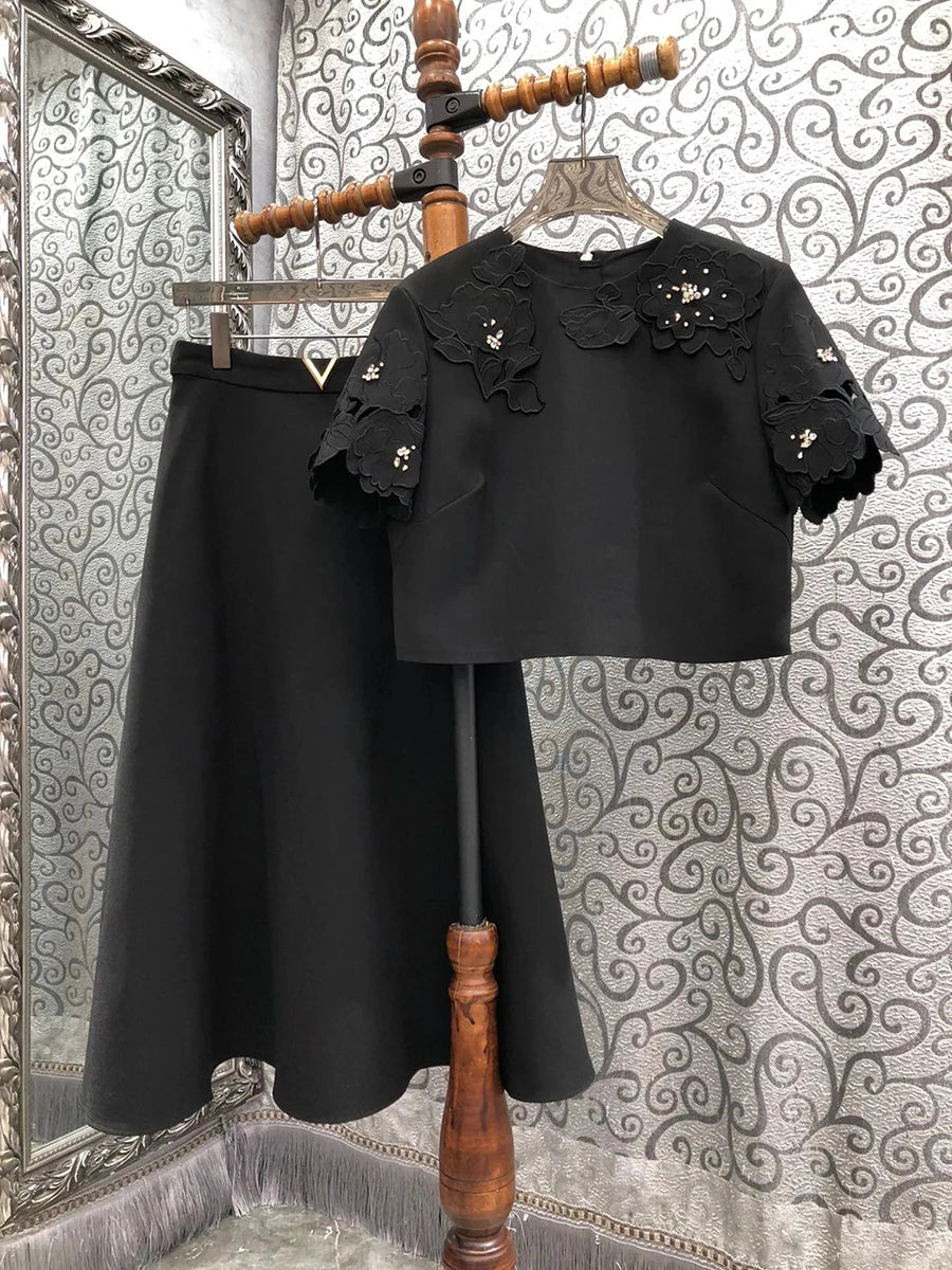 TWOTWINSTYLE Solid Fashion Two Piece Sets for Women Round Neck Short Sleeves Patcwork Applique Top High Waist Skirt Set Female