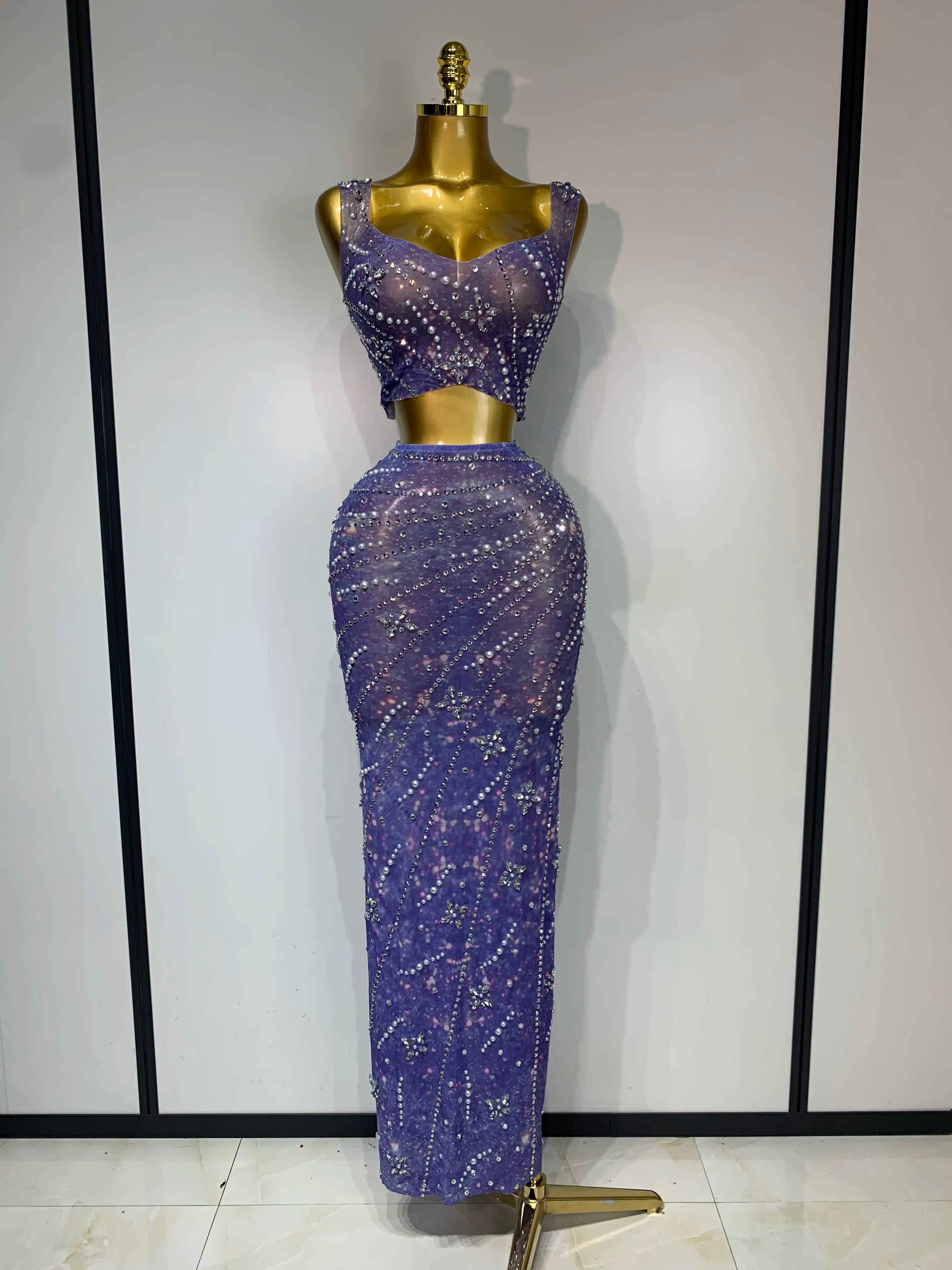 Sparkly Rhinestones Top Long Skirt Two Pieces Set Women Celebirty Luxury Birthday Dress Nightclub Stage Performance Costume