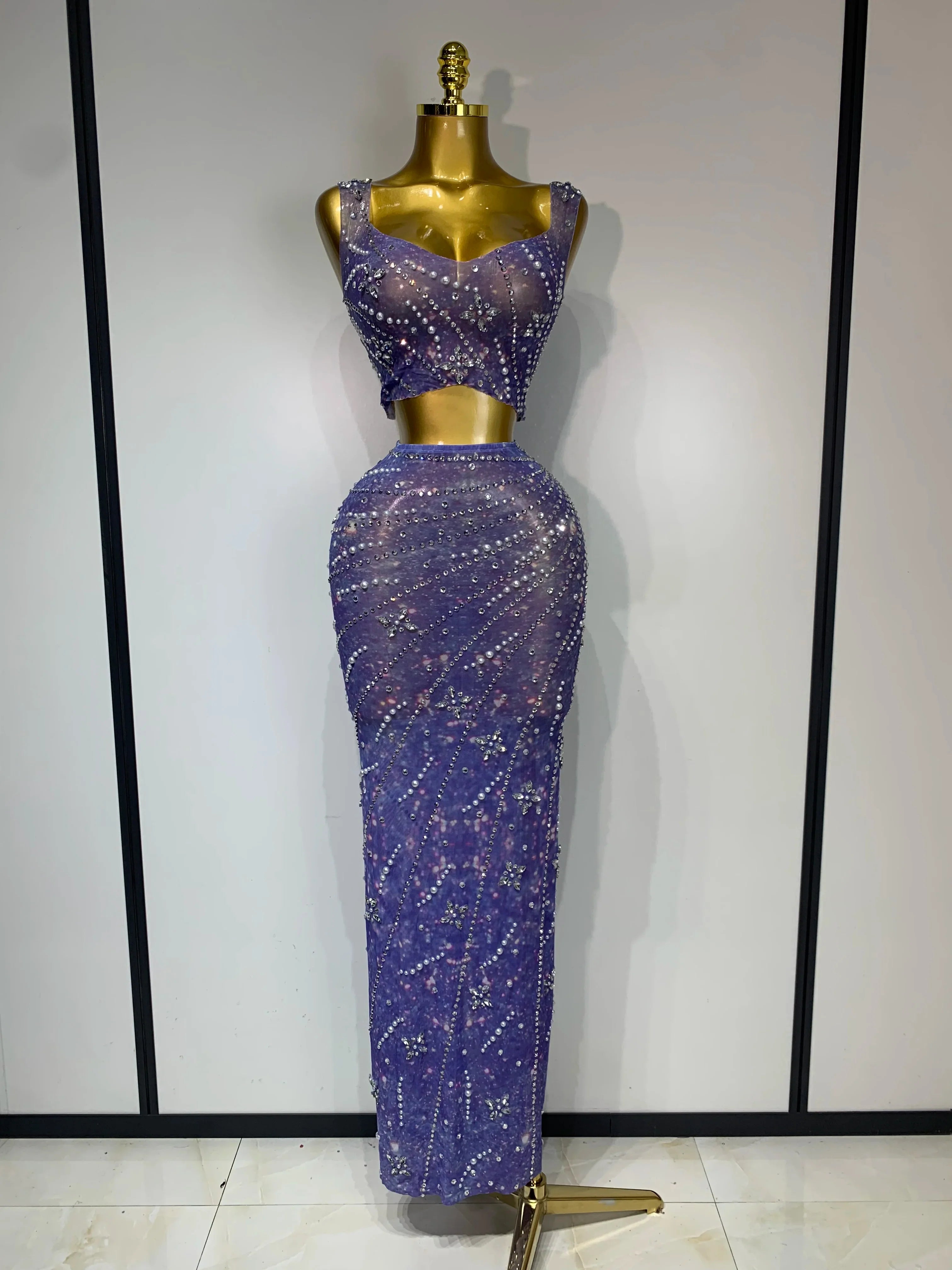 Women Sexy Two Pieces Set Celebrity Luxury Rhinestone Nightclub Skirt Suits Singer Dancer Stage Costume Evening Club Party Gowns