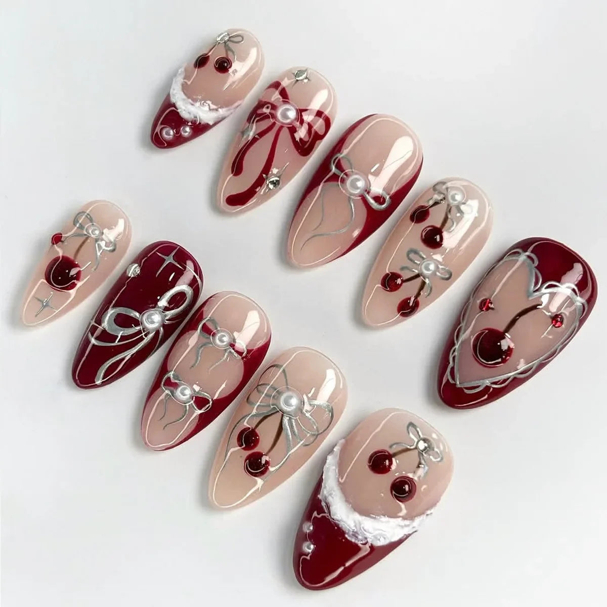 24Pcs Mid-length French Almond Fake Nails Press on Cherry Rhinestone Bow Design False Nails Pearl Reusable Full Cover Nails Tips