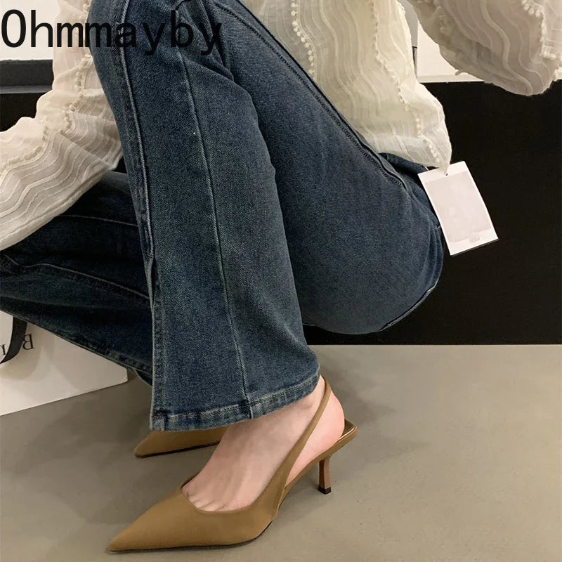 Summer Pointed Toe Women Sandals Fashion Slip On Singbacks Slides Ladies Elegant High Heel Sandalias Women's Party Dress Pumps