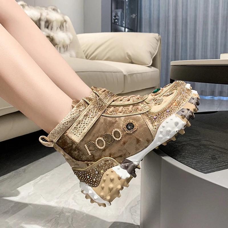 Ladies Vulcanized Shoes High Top Durian Sole Women Shoes Fashion Rhinestone Decoration Magic Sticker Lace Up Black Women Shoes