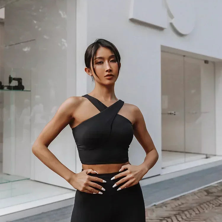 yoga suit, vest, sports bra, lingerie, women's sexy and beautiful back, cross strap fitness suit black