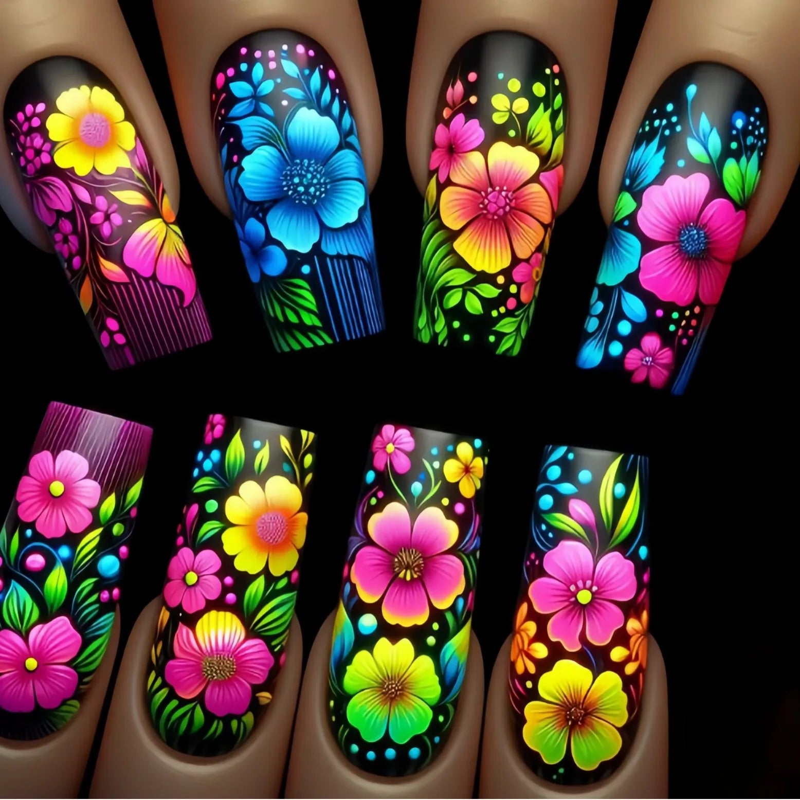 24pcs/set Medium long fake nails square ballet tips flowers butterfly for spring summer season blue green press on false nail