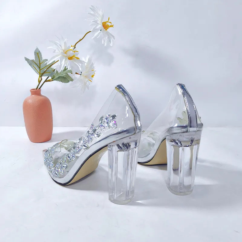 Rhinestone Silver Pointed Toe Clear Shoes Elegant Party Wedding Bridal Ladies High Heels Sandals