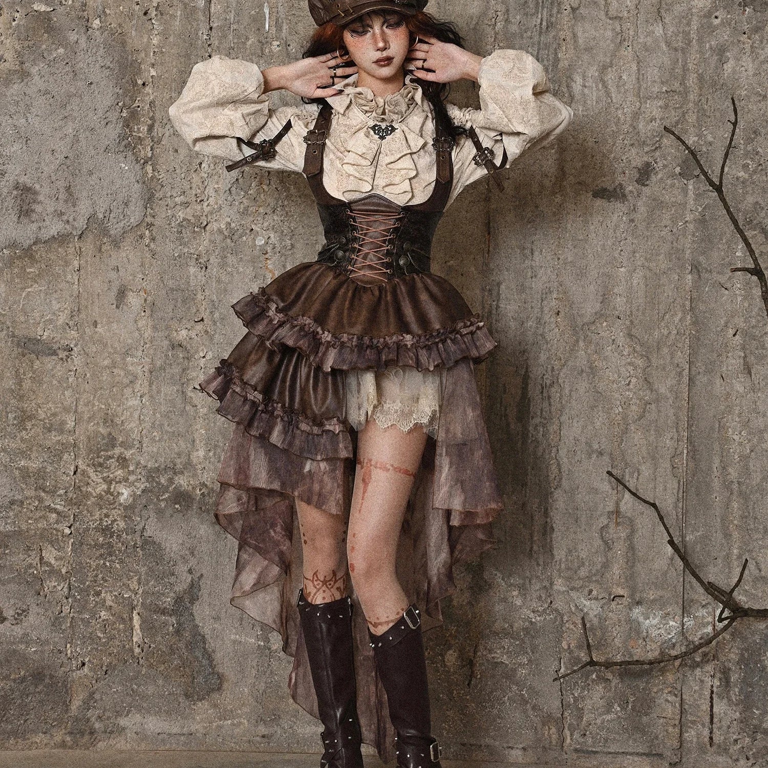 Original Punk Asymmetrical PU Chest Plate Strap Trailing Dresses Long Sleeve Shirt Dress Sets Autumn Gothic Girls Outfits