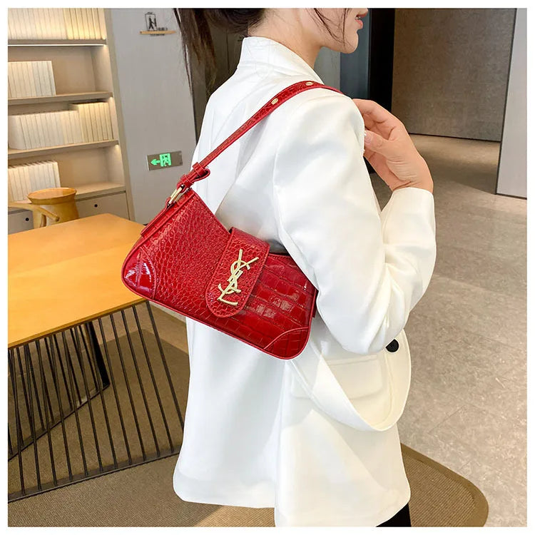 French Style Croc-Effect Handbag 2025 - Elegant Underarm & Crossbody Bag for Women, Versatile Top-Handle Shoulder Purse