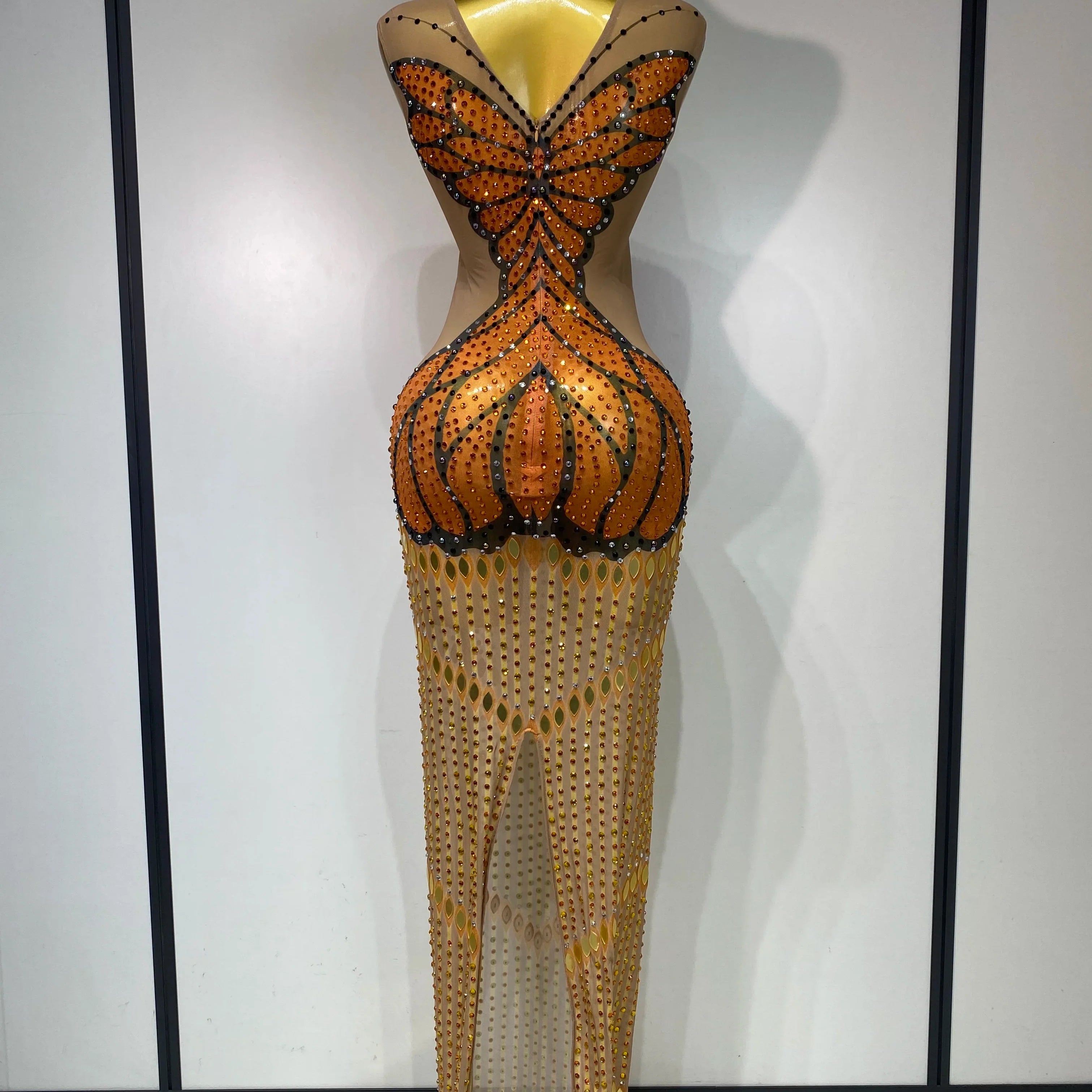 Luxury Rhinestones Mesh Long Dress  Elegant Sexy Sleeveless Birthday Evening Party Gown Performance Singer Stage Outfit