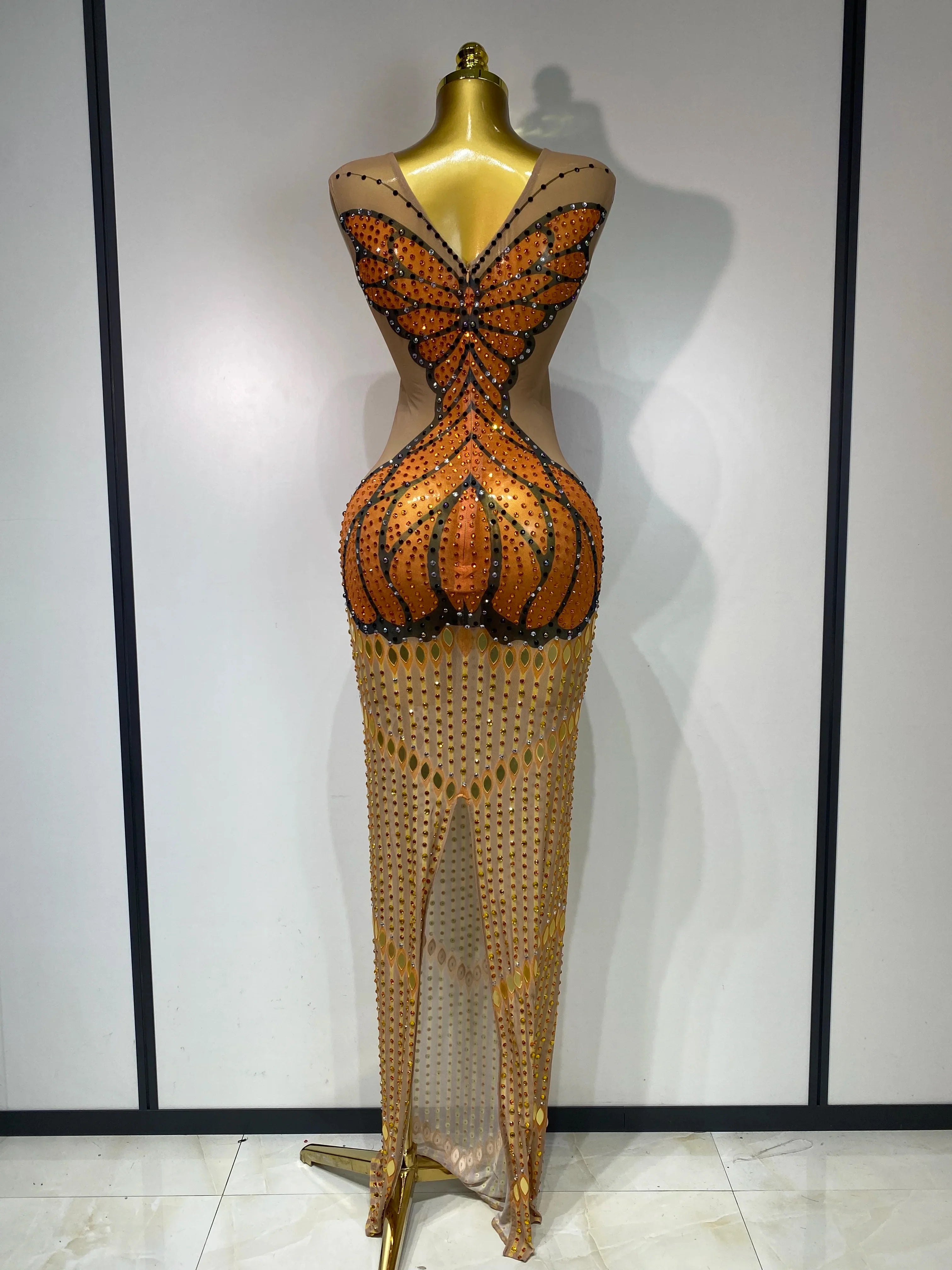 Luxury Rhinestones Mesh Long Dress  Elegant Sexy Sleeveless Birthday Evening Party Gown Performance Singer Stage Outfit
