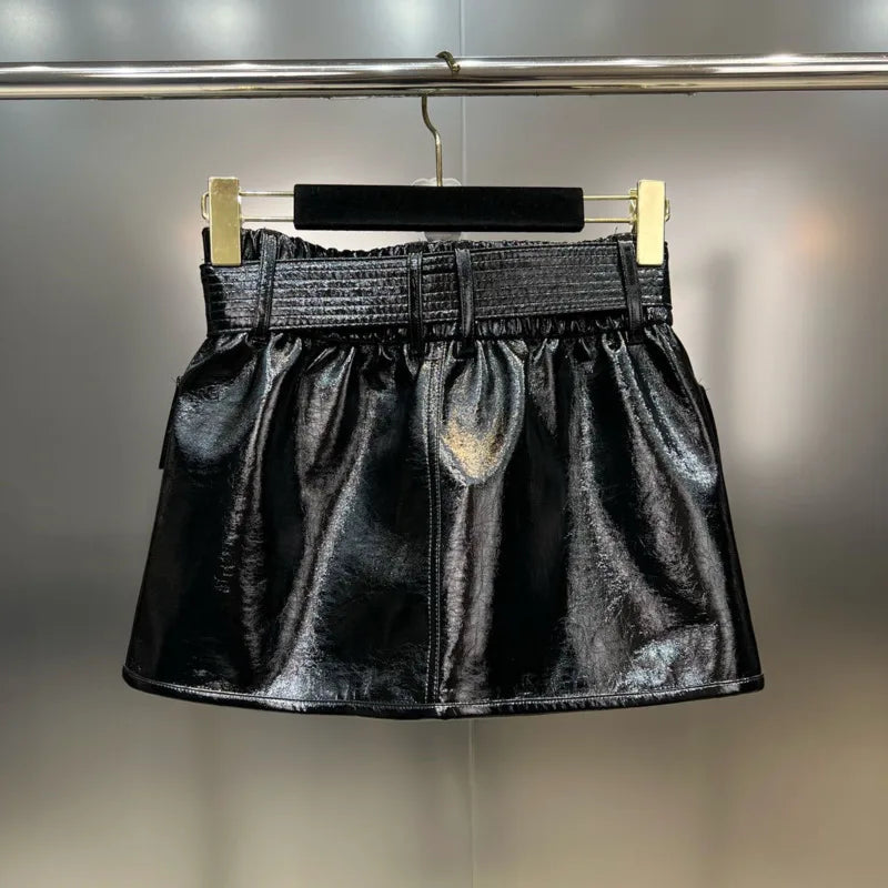 BORVEMAYS Black Stretch High Waist PU Leather Skirts Street Trend Temperament Solid Color Metal Button Zipper 2023 Autumn WZ5282