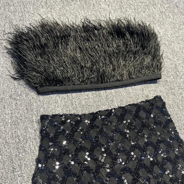 Europe And The United States Sexy New Fashion Wrap Chest Feather Decoration Split Shoulder Bare Backpack Hip Skirt Sexy Color