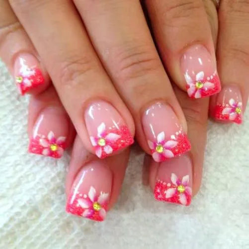 24Pcs Short Square Head French False Nails Press on With Simple Flower Design Fake Nail for Woman Reusable Full Cover Nails Tips