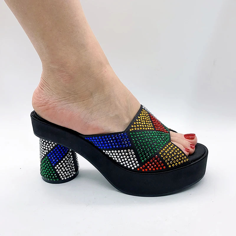 Fashion Italian Designers Luxury Round Toe Rhinestone Bright Diamond Patchwork Summer Women's Platfrom High Heels Shoes Black