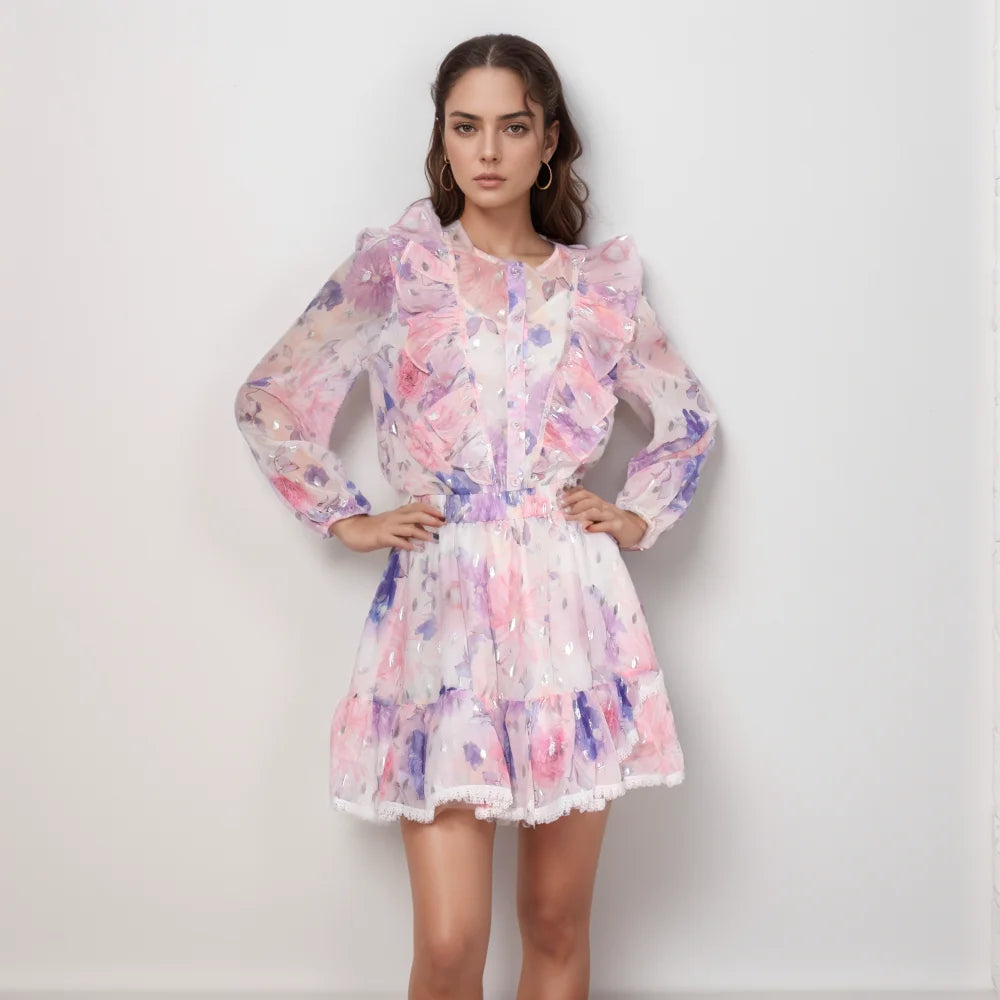 Colorful Two Pieces Set For Women Round Neck Long Sleeve Top High Waist Mini Skirts Summer Mesh Set Female 2024 Clothing