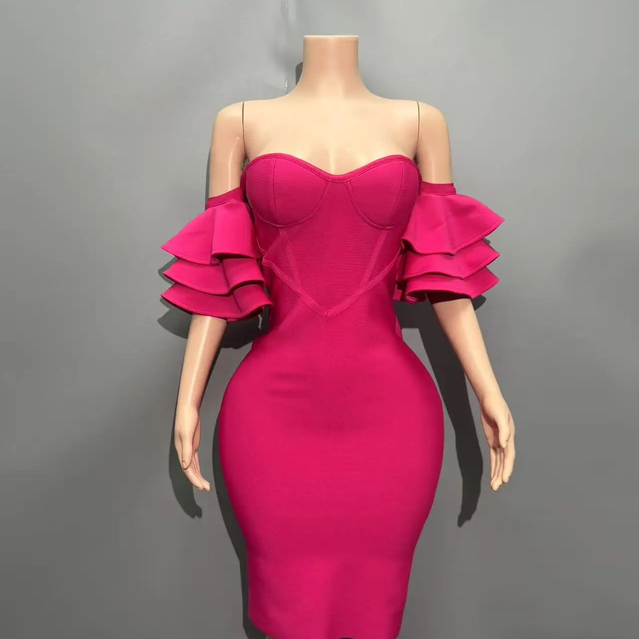 Rosered Color Women Sexy Strapless Ruffles Bodycon Mini Bandage Dress Celebrate Nightclub Party Birthday Vacation Outfit