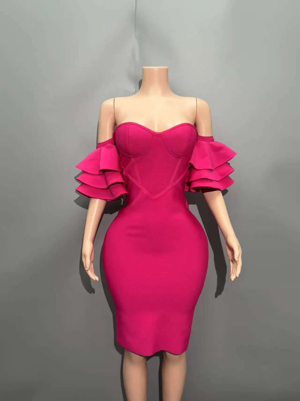 Rosered Color Women Sexy Strapless Ruffles Bodycon Mini Bandage Dress Celebrate Nightclub Party Birthday Vacation Outfit