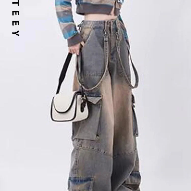 UETEEY American Retro Jeans Wide Leg Baggy Pants Streetwear Trousers Y2k Fashion 2023 Spice Girls Denim Pants Straight Jeans