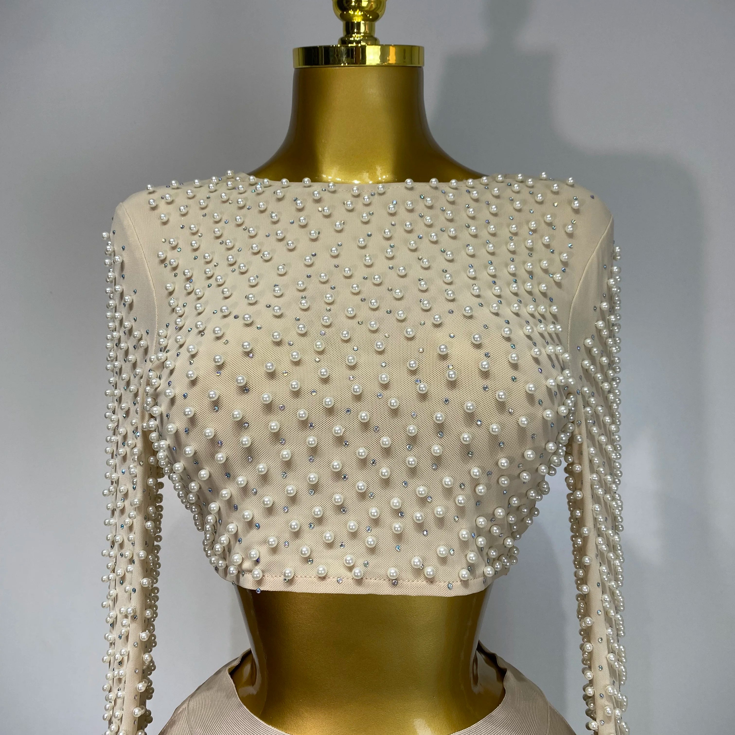 Women Sexy Long Sleeve Mesh Pearl Top Celebrity Midi Women Bandage Set 2025 Designer Evening Party Luxury Birthday Two Piece Set