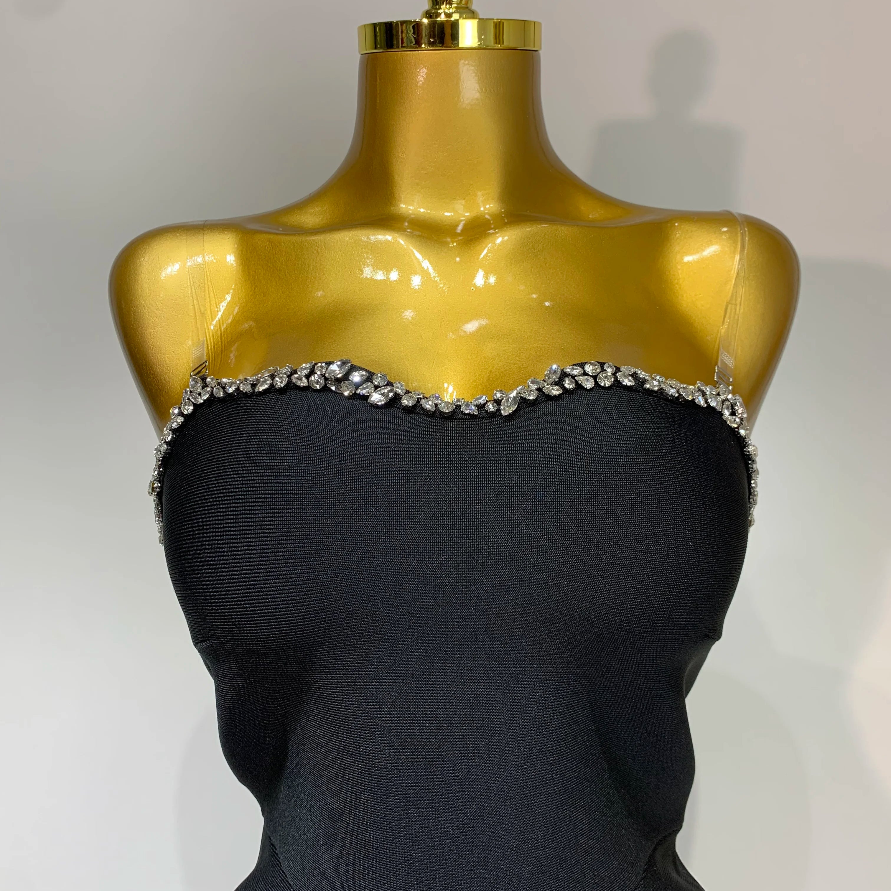 High Quality Black Design Sleeveless Rhinestone Top + Hot diamond Skirt Suit Evening Party Dress Nightclub Luxury Birthday Gown