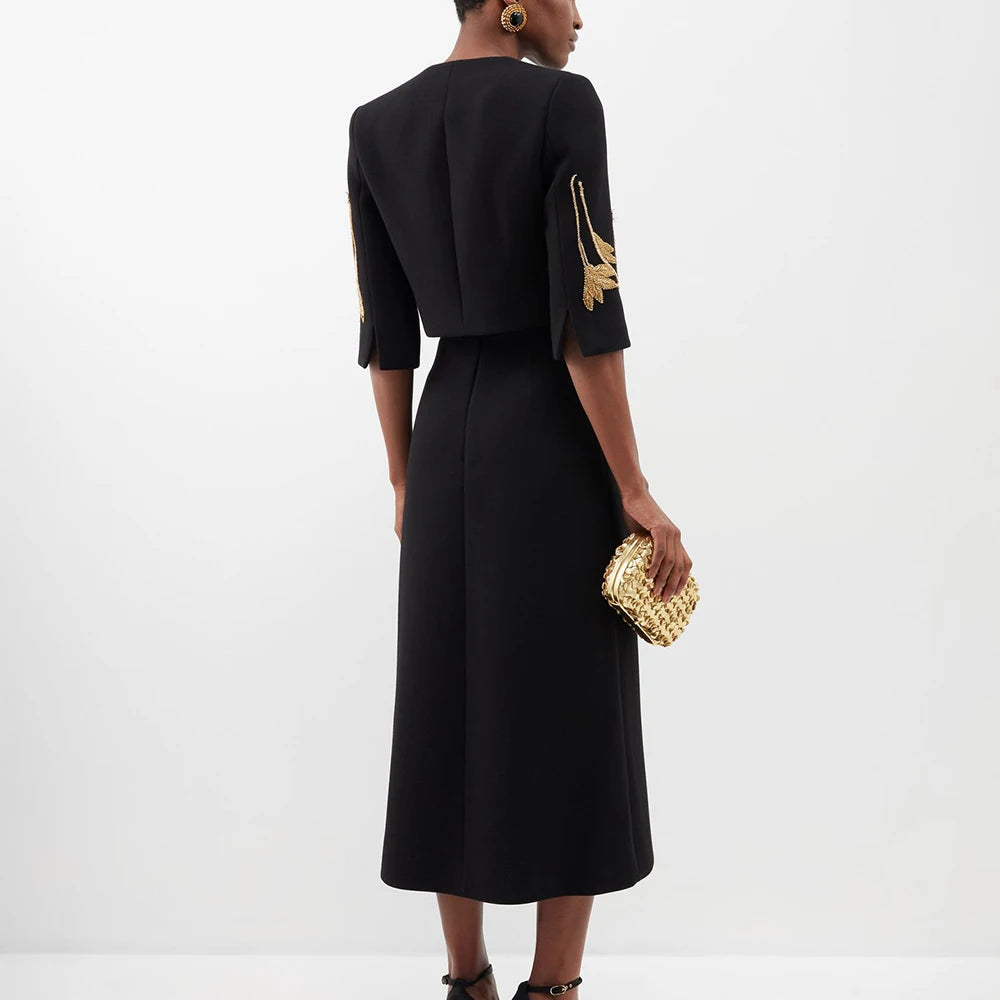 TWOTWINSTYLE Colorblock Chic Two Piece Sets For Women O Neck Half Sleeve Coat High Waist Skirt Elegant Set Female Fashion Style