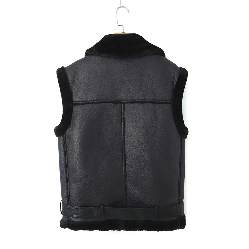 Fashion and Casual Polo Collar Zipper Fur Integrated Vest Coat