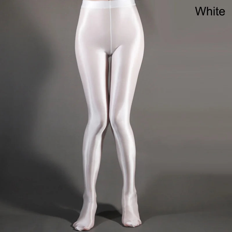 Colorful Satin Glossy Pantyhose Sexy Stockings Shiny Yoga Pants Leggings Sport Tights Women Fitness High Waist Tights White