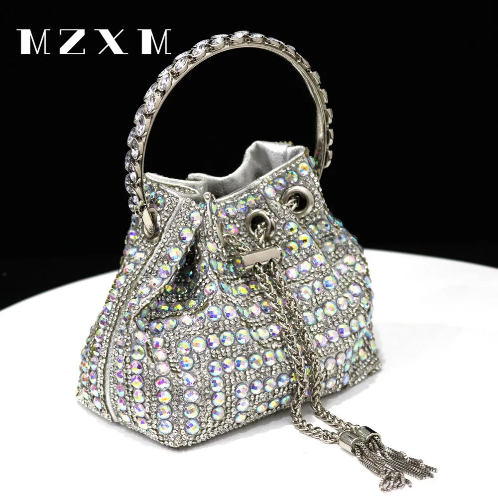 Rhinestones Women Evening Bags Bucket Design Party Day Clutch Soft Mixed Color Handle Design Handbags Purse Mature Silver 15x9x13cm