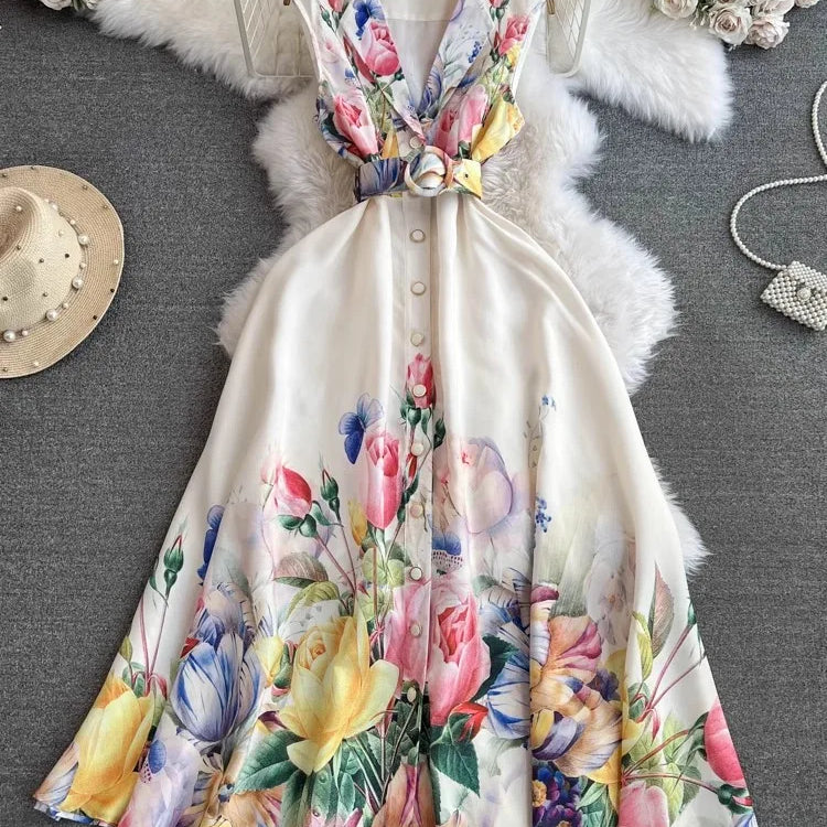 2024 Summer Holiday Beach Dress Women's Notched Collar Sleeveless Single Breasted Floral Print Belt Long Boho Party Vestido 6389