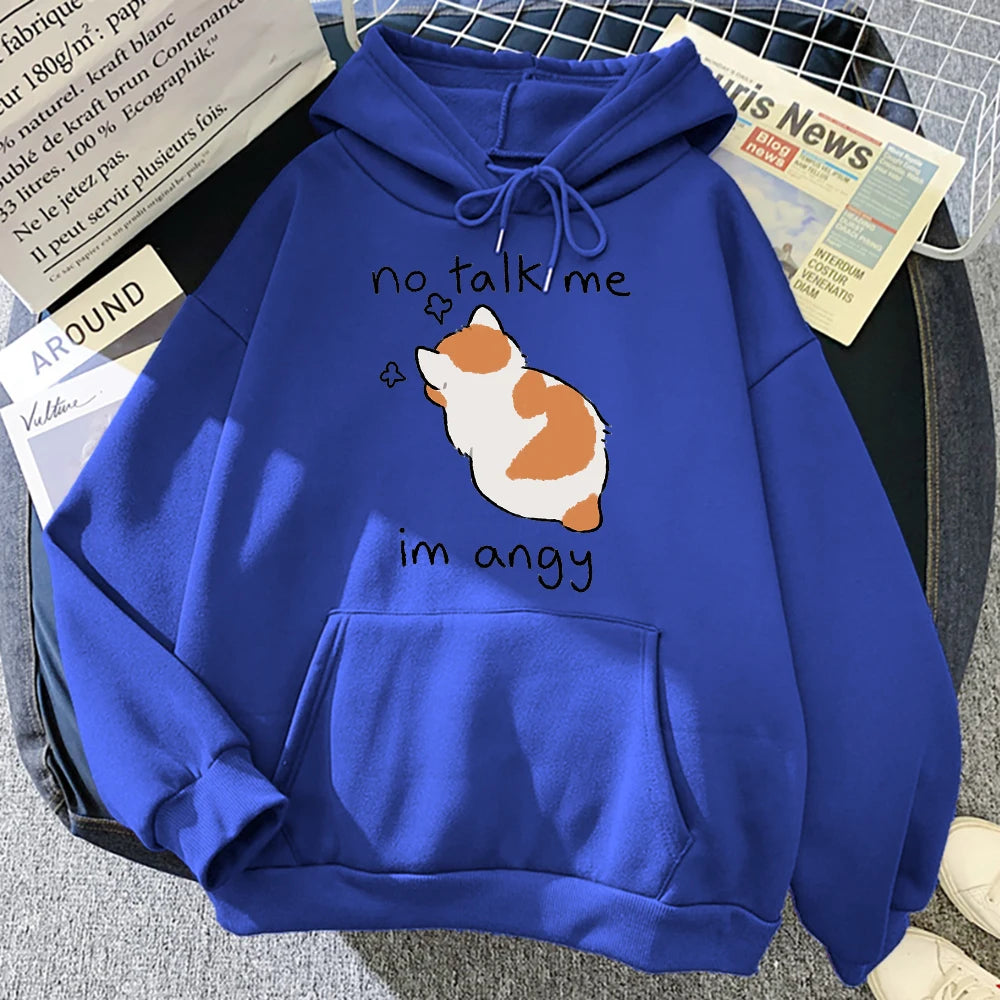 No Talk Me Cute Angry Cat Print Women Hoody Hip Hop Soft Sweatshirt Casual Fleece Sweatshirt Oversize Fleece Women Streetwear Blue