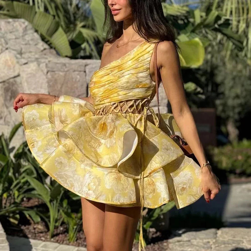 Printing Hollow Out A Line Dress For Women Diagonal Collar Sleeveless High Waist Patchwork Lace Up Dresses Female