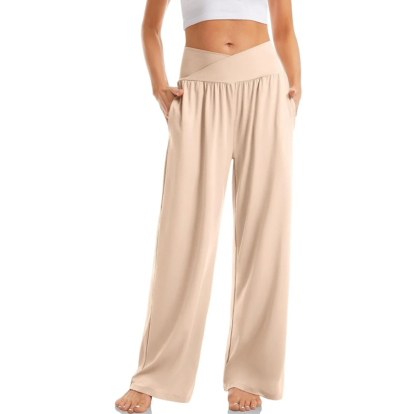 Women's High Waist Solid Color Casual Trousers Wide Leg Sports Pants With Pockets Beige