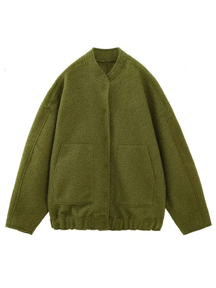 Women Elegant Solid Coat Button Long Sleeve Pocket Bomber Jacket Autumn Winter Female Casual Loose Streetwear Coats army green
