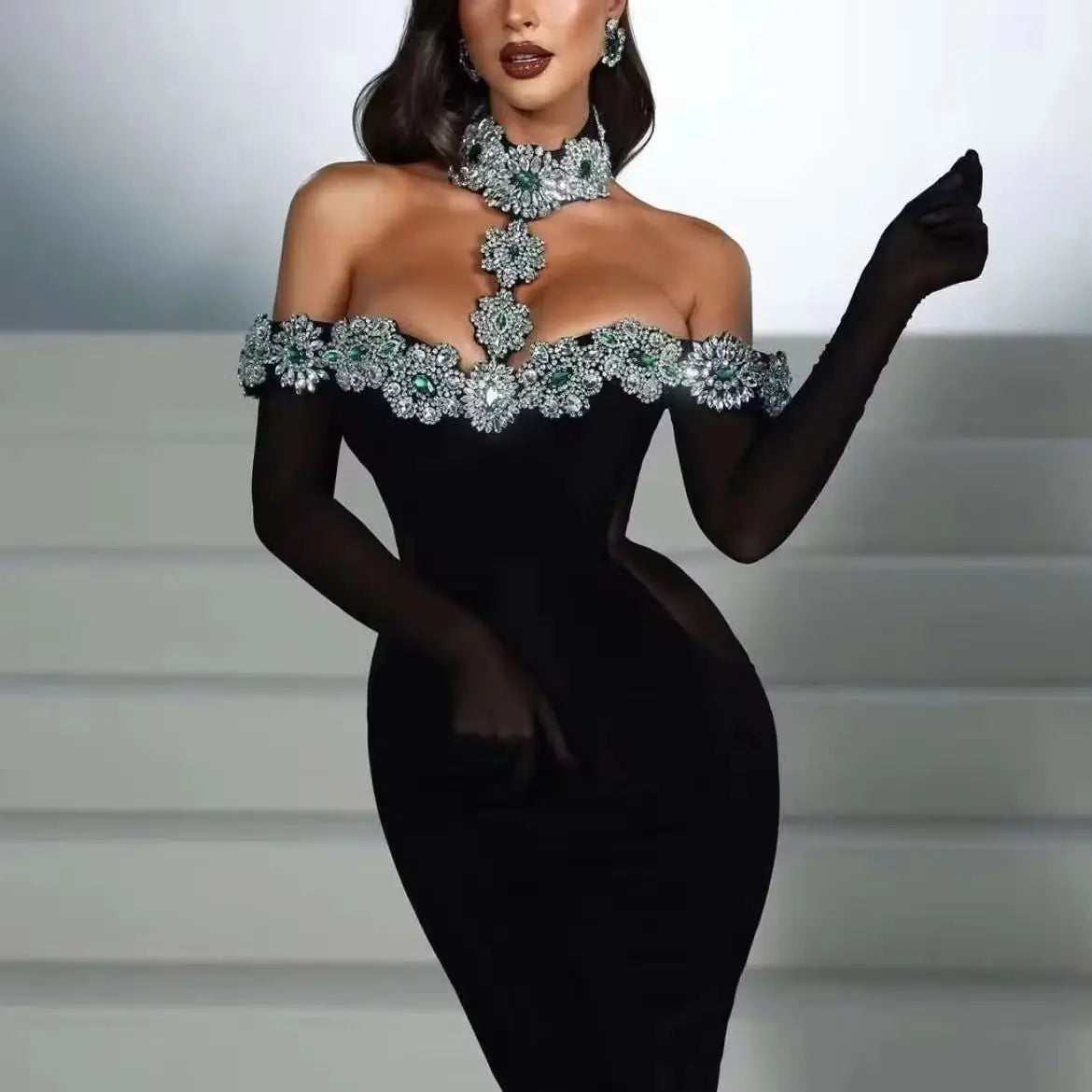 STOCK Fashion Golves Luxury Diamonds Sexy Off The Shoulder Halter Ankle Length Dress Graceful Woman Evening Party Dress
