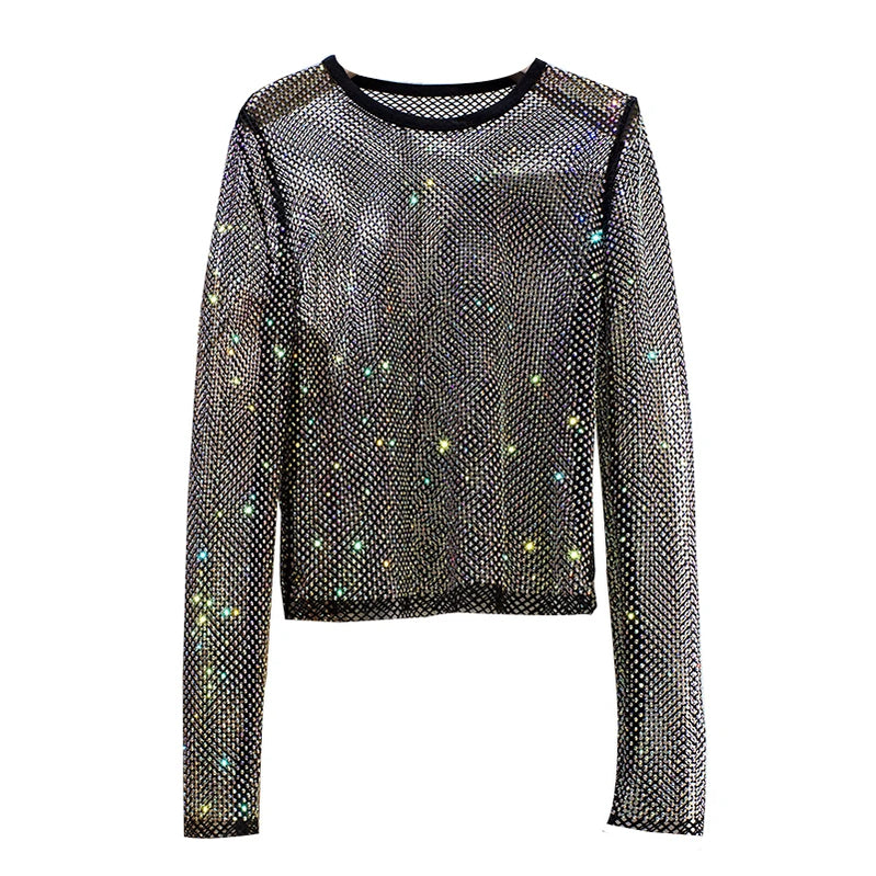 Ladies Temperament Rhinestone Round Neck Long Sleeve Bright Starlight Hollow Shiny Bottoming Shirt Women's Top Trend