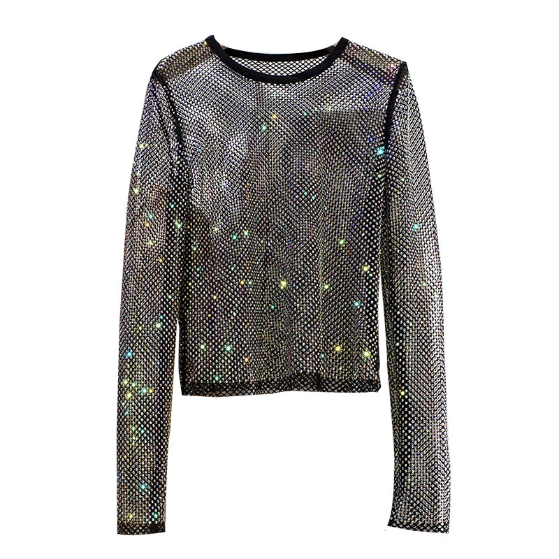 Ladies Temperament Rhinestone Round Neck Long Sleeve Bright Starlight Hollow Shiny Bottoming Shirt Women's Top Trend
