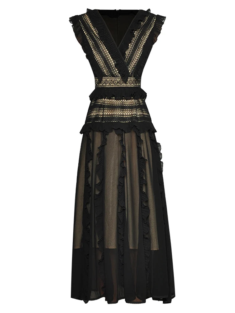 ZJYT 2024 Spring Summer Hollow Patchwork Lace Dresses for Women Elegant Sleeveless Ruffles Midi Black Party Dress Holiday Robe black