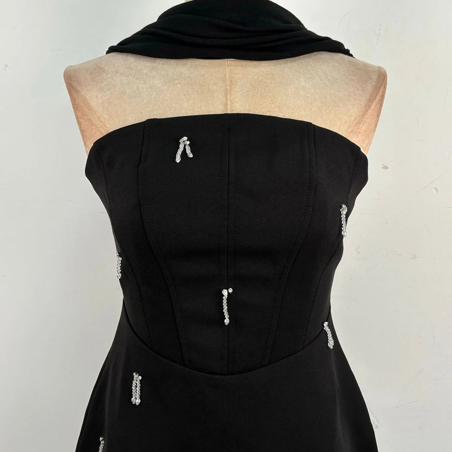 TWOTWINSTYLE Solid Slimming Spliced Bead Elegant Dresses for Women Strapless Sleeveless Temperament Mini Dress Female Fashion