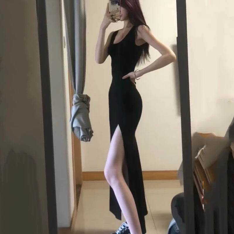 Sexy High Split Spaghetti Strap Dress Women Summer Black Bodycon Dresses Woman Sleeveless Party Long Dress Ladies