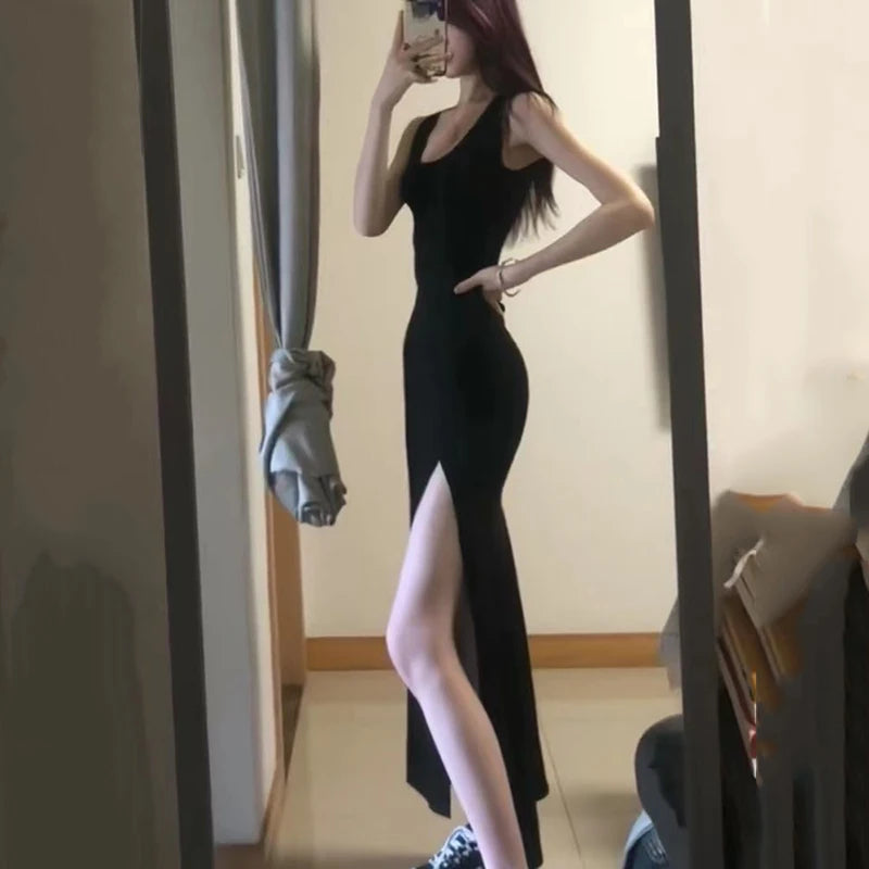 Sexy High Split Spaghetti Strap Dress Women Summer Black Bodycon Dresses Woman Sleeveless Party Long Dress Ladies