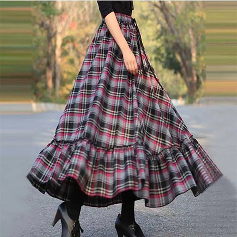 Fashion Loose Shirring Bandage Spliced Ruffles Plaid Skirts Women's Clothing Spring New Oversized All-match Long Skirts Lavender